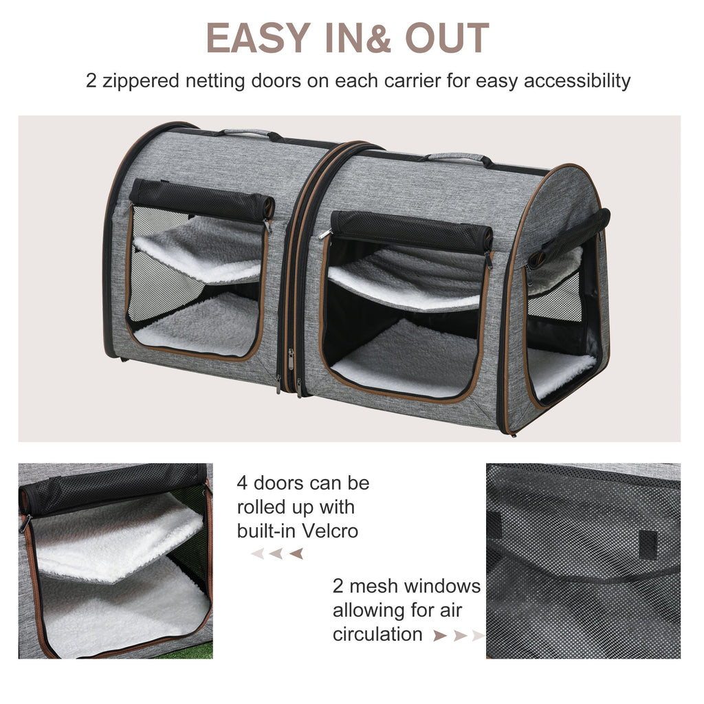 Grey Dual Compartment Cat Carrier with Padding & Storage
