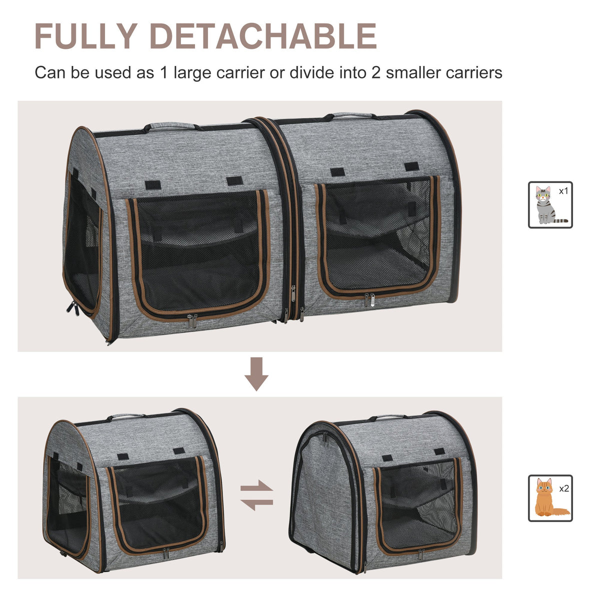 Grey Dual Compartment Cat Carrier with Padding & Storage