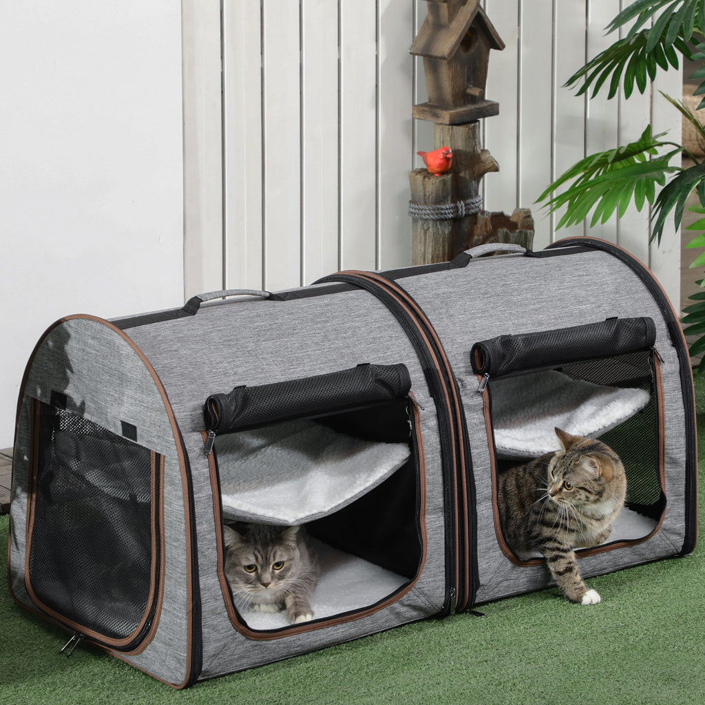 Grey Dual Compartment Cat Carrier with Padding & Storage