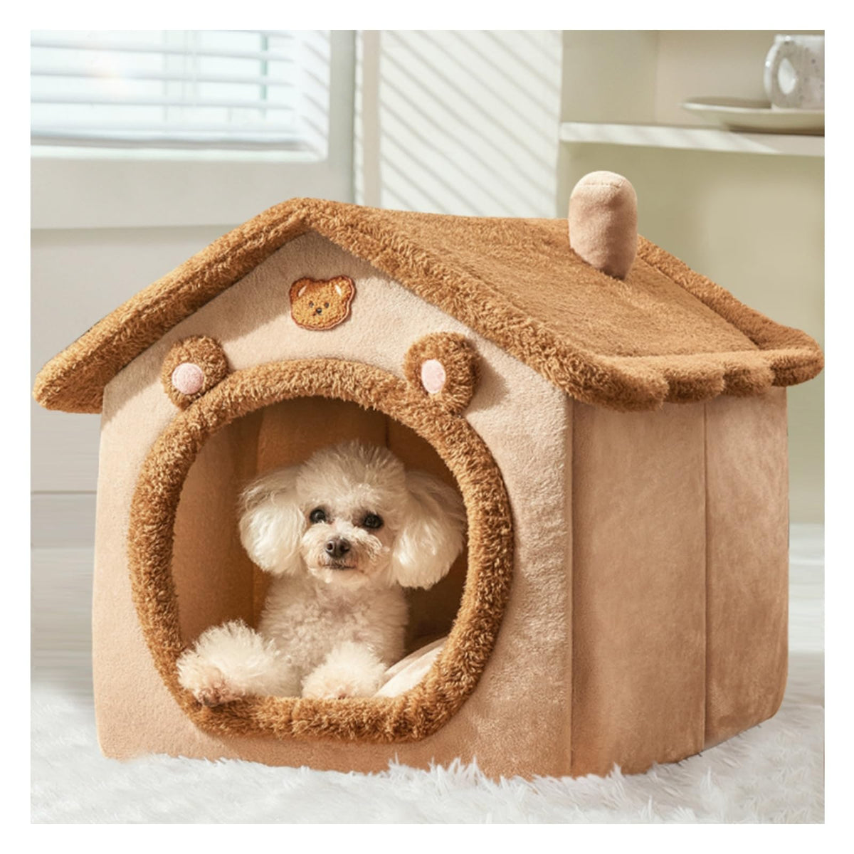 Dog Bed Cave Cute Bear ShapeDog Beds for Indoor Dog House Cat Tent with Removable Cushion Pillow Dog Condo Dog Cave forPuppy Small Dogs (17.7 * 15.7 * 17.7 in)