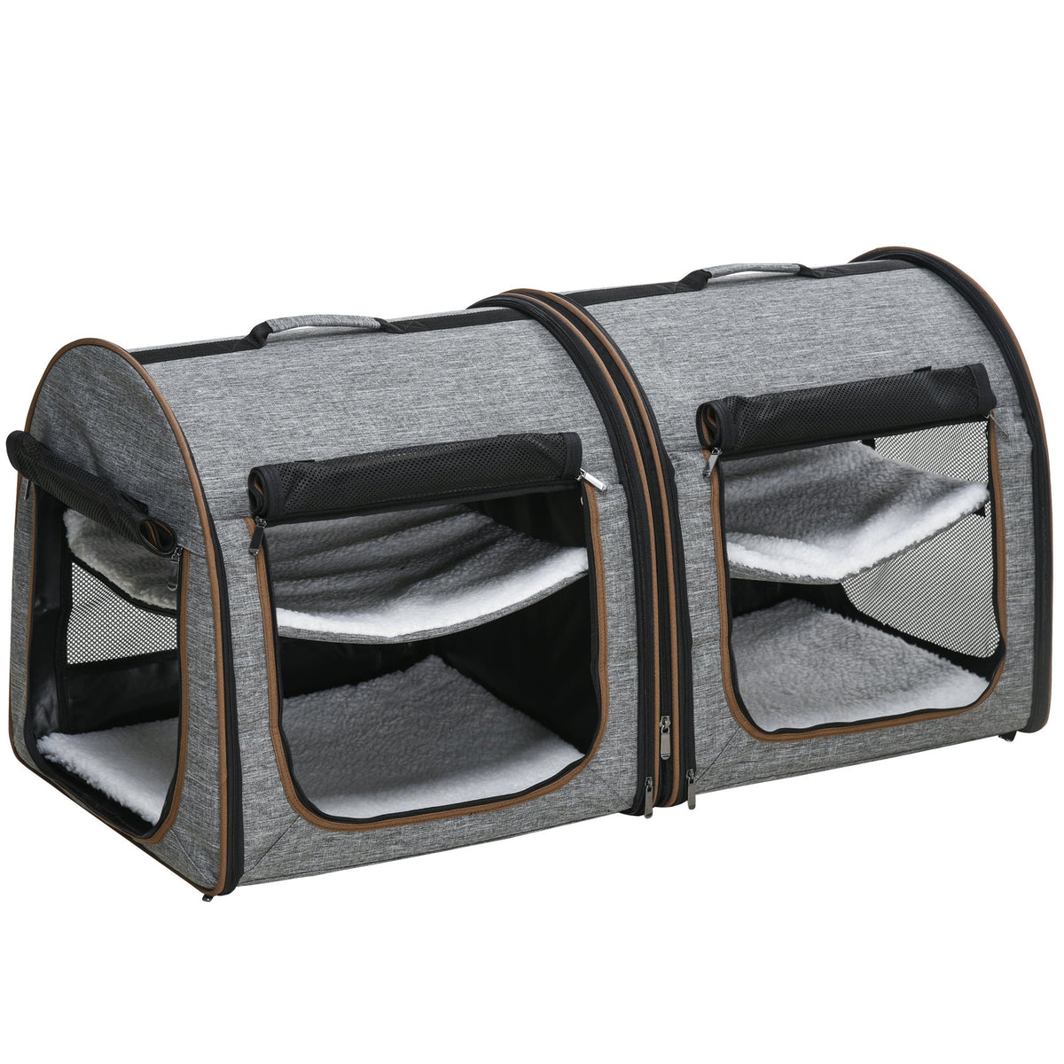 Grey Dual Compartment Cat Carrier with Padding & Storage