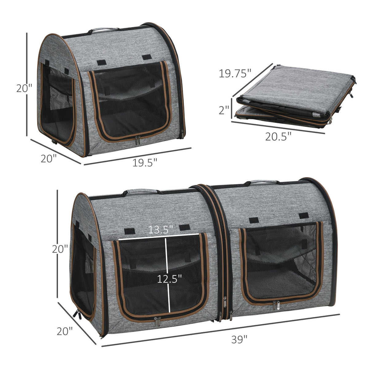Grey Dual Compartment Cat Carrier with Padding & Storage