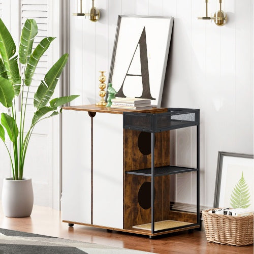 Dual Cat Litter Box Cabinet in Rustic Brown