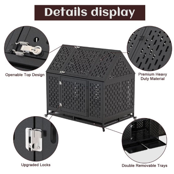 Heavy Duty Dog Crate 45 Inch Indestructible Pet Dog Cage Crate Kennel With Roof Top 2 Doors Removable Trays