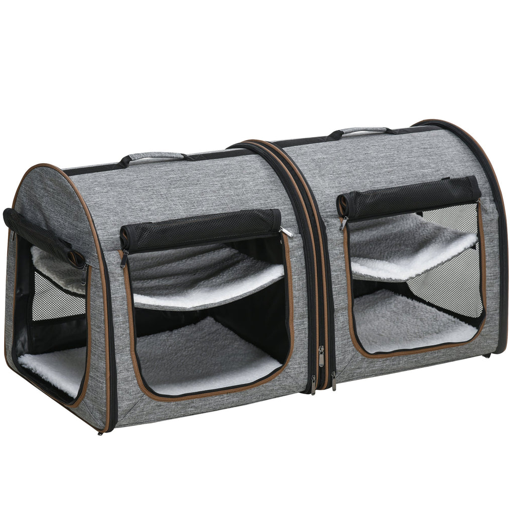 Grey Dual Compartment Cat Carrier with Padding & Storage
