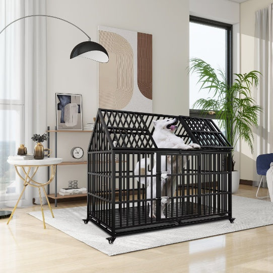 Heavy Duty Dog Crate 45 Inch Indestructible Pet Dog Cage Crate Kennel With Roof Top 2 Doors Removable Trays