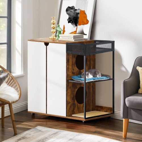 Dual Cat Litter Box Cabinet in Rustic Brown