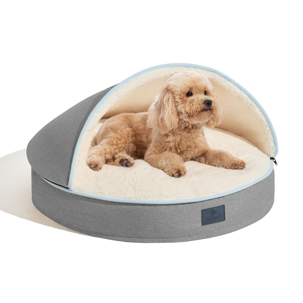 Veehoo Dog Cat Cave Bed with Hooded Cover Removable Washable Round Beds with Removable Hood Cozy Cave Burrow Dog Bed with Anti-Slip Bottom for Small Medium Dog Cat Pet Gray 20"
