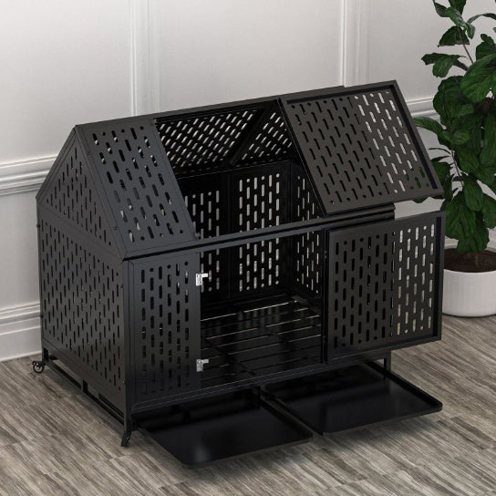 Heavy Duty Dog Crate 45 Inch Indestructible Pet Dog Cage Crate Kennel With Roof Top 2 Doors Removable Trays
