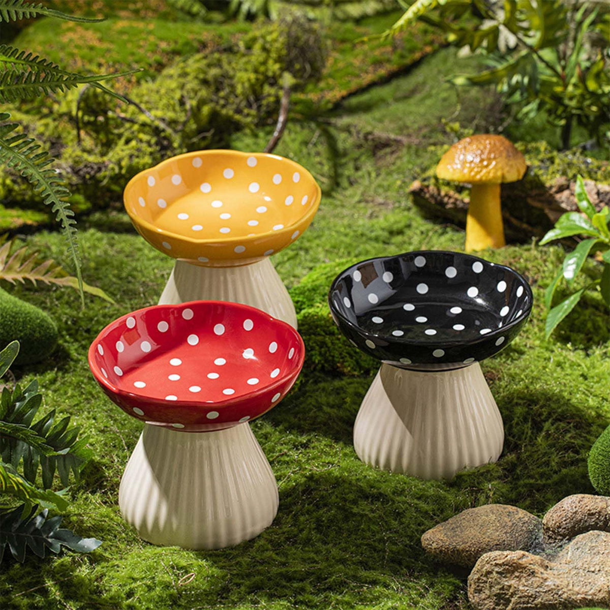 Whimsicalfox Raised Cat Bowl Cute Mushroom Cat Water Bowl Elevated Cat Food Bowl Ceramic Cat Bowls for Food and Water Raised Cat Food Dish Wide Shallow Cat Food Dish Whisker Fatigue (Black)